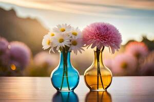 two vases with flowers on a table. AI-Generated photo