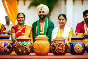 a group of people in indian attire standing around a table with colorful pots. AI-Generated photo