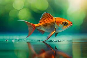 un pescado es en pie en el agua con un verde antecedentes. generado por ai foto