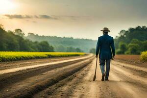 a man in a suit walks down a dirt road. AI-Generated photo