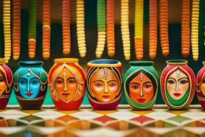 colorful vases with faces on them. AI-Generated photo