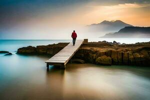 a man walks on a dock in front of a mountain. AI-Generated photo