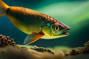 a fish with a yellow and blue body is swimming in the ocean. AI-Generated photo