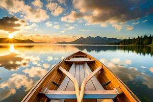 el barco es en el lago a puesta de sol. generado por ai foto