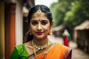 a beautiful young woman in an orange sari. AI-Generated photo