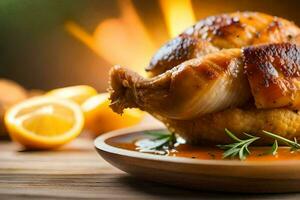 a roasted chicken on a wooden plate with lemon slices. AI-Generated photo