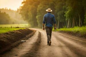 a man walking down a dirt road in the country. AI-Generated photo