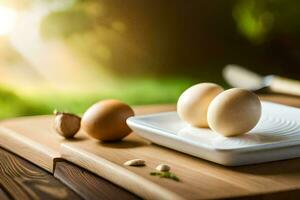 eggs on a cutting board. AI-Generated photo