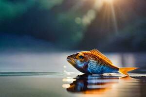 a fish is floating on the water with the sun shining. AI-Generated photo