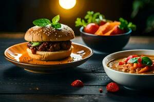 a plate with a burger and a bowl of soup. AI-Generated photo