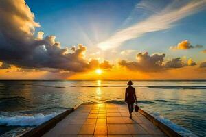 a man walks along a pier at sunset. AI-Generated photo