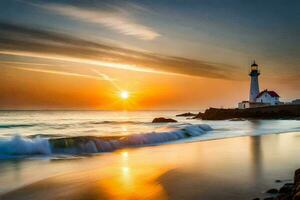 the sun sets over a lighthouse on the beach. AI-Generated photo