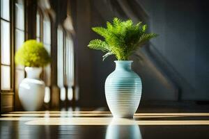 a vase with a plant in it sitting on a wooden floor. AI-Generated photo