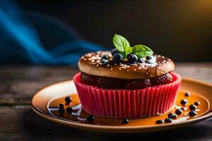 a cupcake with berries and mint on a plate. AI-Generated photo