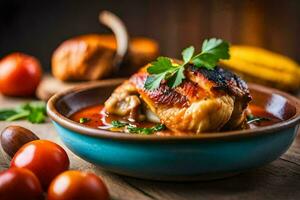 chicken breast with tomato sauce and vegetables on a wooden table. AI-Generated photo