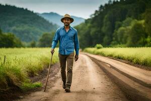 a man walking on a dirt road with a cane. AI-Generated photo