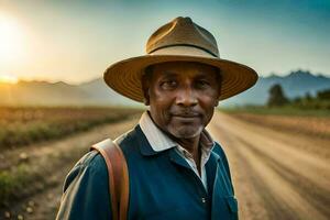 un africano hombre en un sombrero en pie en un suciedad la carretera. generado por ai foto