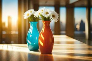 two vases with flowers on a table in front of a city skyline. AI-Generated photo