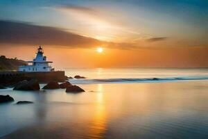 a lighthouse sits on the shore of a beach at sunset. AI-Generated photo