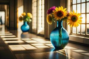 sunflowers in blue vase on a wooden floor. AI-Generated photo