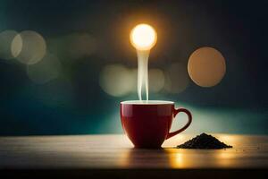 coffee cup, coffee, the light, the night, the night sky, the night,. AI-Generated photo