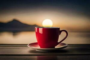 a red cup sits on a wooden table with the sun setting behind it. AI-Generated photo