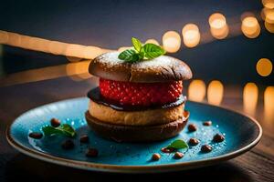 a strawberry cheesecake sandwich on a blue plate. AI-Generated photo