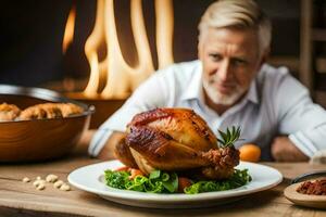 man sitting at table with a roasted turkey. AI-Generated photo