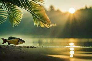 foto fondo de pantalla el cielo, agua, palma árbol, pez, atardecer, amanecer, agua, pez. generado por ai