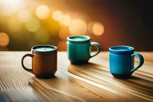 three coffee mugs on a wooden table. AI-Generated photo