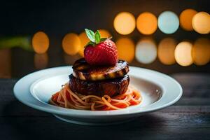 a plate with a grilled steak and a strawberry. AI-Generated photo