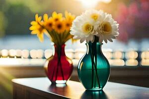 two vases with flowers on a table in front of a window. AI-Generated photo