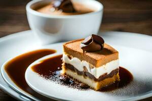 un pedazo de chocolate pastel en un plato con un taza de café. generado por ai foto