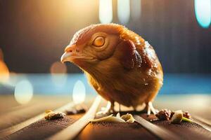 a small bird is standing on a wooden floor. AI-Generated photo