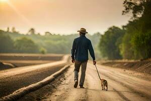 un hombre caminando su perro abajo un suciedad la carretera. generado por ai foto