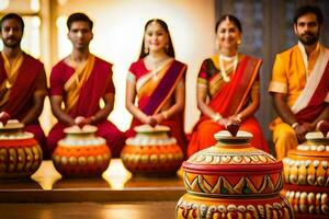 un grupo de personas en tradicional indio ropa. generado por ai foto