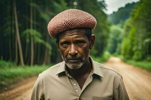 an old man wearing a red hat on a dirt road. AI-Generated photo
