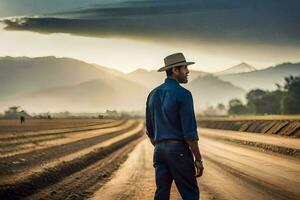 un hombre en un sombrero soportes en un suciedad la carretera. generado por ai foto