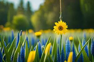 un amarillo girasol es en un campo de azul y amarillo flores generado por ai foto