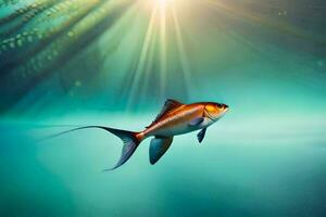 un pescado nadando en el Oceano con luz de sol brillante. generado por ai foto