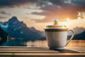 a coffee cup sits on a wooden table overlooking a lake. AI-Generated photo