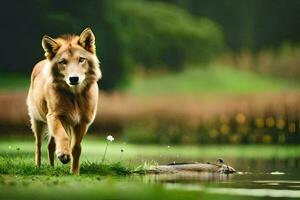 a wolf is walking in the grass near a body of water. AI-Generated photo
