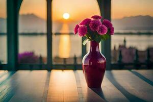 a vase with pink flowers on a table in front of a window. AI-Generated photo