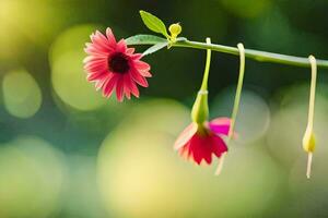 two pink flowers are hanging from a stem. AI-Generated photo