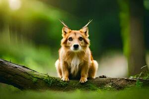 un perro con cuernos sentado en un árbol rama. generado por ai foto