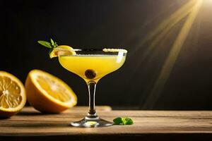 a cocktail with lemon and mint on a wooden table. AI-Generated photo