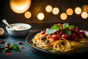 spaghetti with tomato and basil on a black plate. AI-Generated photo