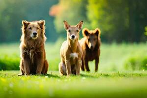 three dogs sitting on the grass in a field. AI-Generated photo