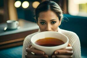 un mujer participación un taza de té. generado por ai foto