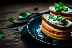 two sandwiches on a black plate with cream and mint. AI-Generated photo